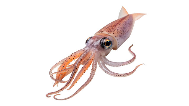 Detailed pink oceanic squid or cuttlefish with tentacles isolated on transparent background