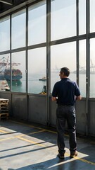 Fototapeta premium Reflection of Man Looking Out Window at Harbor with Ships and Crane