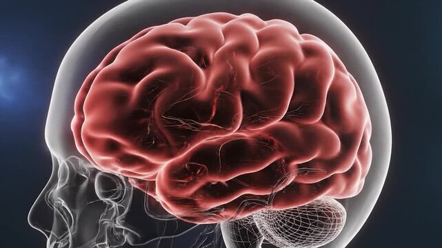 Human skeleton with a glowing red brain on blue background