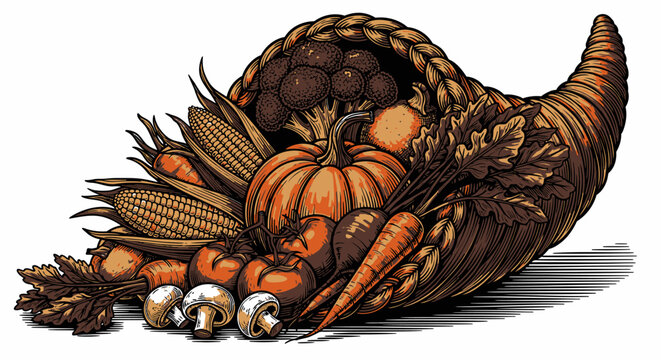 Wicker cornucopia horn of plenty overflowing with an abundant autumn harvest featuring orange pumpkins, corn, grapes, squash, and colorful fall leaves isolated on a white background.