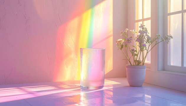 Rainbow prism light casting on wall with vase of flowers.