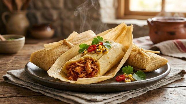 Freshly cooked traditional tamales with shredded chicken wrapped in corn husks on a rustic plate