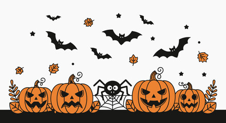 Playful and spooky Halloween vector illustration featuring cute ghosts, carved pumpkins, flying bats, and stars on a clean background, ideal for festive greeting cards or media. © Akanza