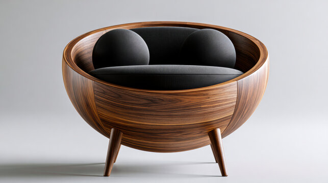 Modern wooden lounge chair with curved walnut frame, black cushion, spherical pillow, minimalist style, contemporary furniture design
