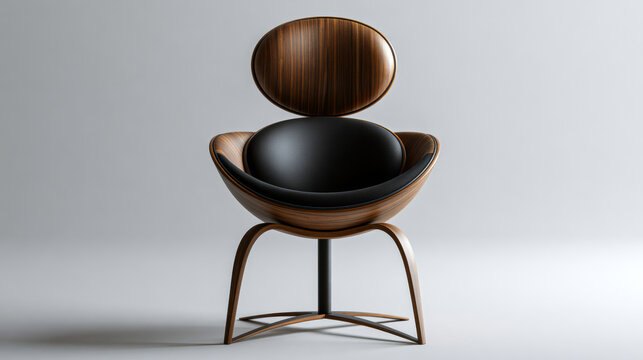 Modern wooden lounge chair with curved backrest, black leather seat, elegant armrests, and minimalist legs, perfect for contemporary interiors