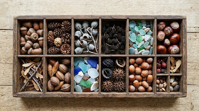 Organized collection of natural specimens and treasures in a rustic wooden sorting box with acorns and seaglass