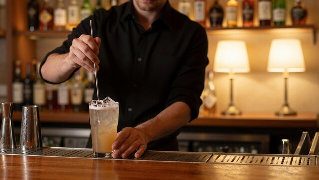 A skilled bartender in a black shirt expertly stirs a refreshing drink with ice cubes inside a tall glass on a polished wooden bar, surrounded by warm lighting and liquor bottles.
