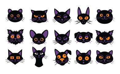 Fototapeta premium Collection of black cat and dog faces with colorful eyes flat vector illustration