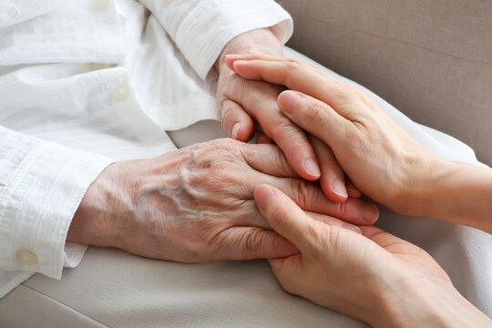 Close Up of Caring Hands Supporting an Elderly Person