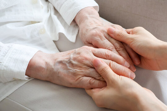 Young Hands Gently Holding Elderly Hands, Family Care and Compassion