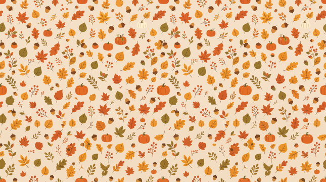 Fall seamless pattern background with pumpkins and autumn leaves flat vector illustration isolated.