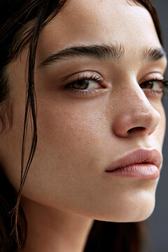 Close up portrait woman oval face thick dark eyebrow natural makeup smooth skin wet hair serious expression