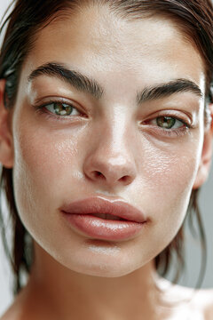 Wet skin oval face thick eyebrow dark hair green eye natural makeup closeup young woman beauty fresh look