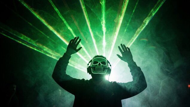 Silhouette of person wearing skull headphones at neon rave music festival, electronic dance music concept