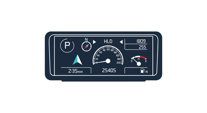 Automotive dashboard instrument panel with gauges and indicators flat vector silhouette