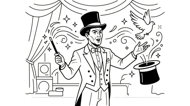 Magician performing a stage magic trick with dove and hat