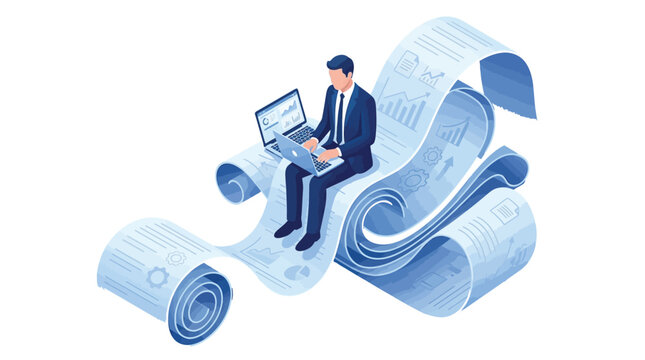 Professional businessman sitting on a long scrolling paper document working on his modern laptop computer device