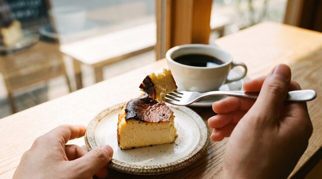 Person Enjoying Slice of Basque Burnt Cheesecake in Cafe