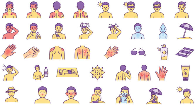 People showing heat stress symptoms and summer sun safety prevention with skin protection and hydration icon set vector illustration