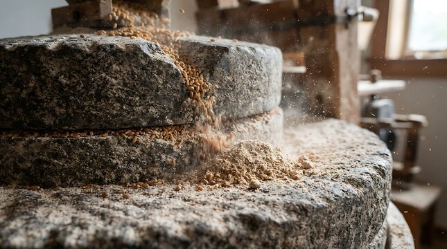 Traditional stone mill processing raw grain into fine meal, a timeless method of food production highlighting craftsmanship and sustainable living