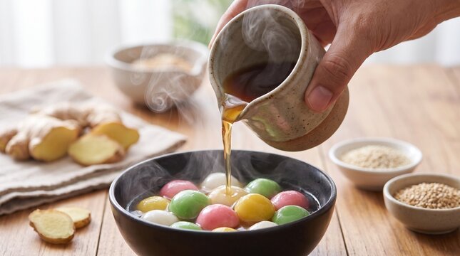 Pouring Hot Ginger Syrup Over Traditional Ronde