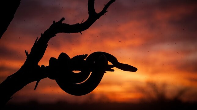 Silhouette of a Snake Coiled on a Branch