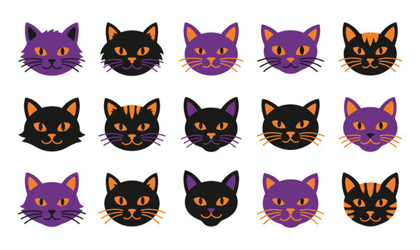 Colorful cat heads pattern with orange and purple accents on a white background