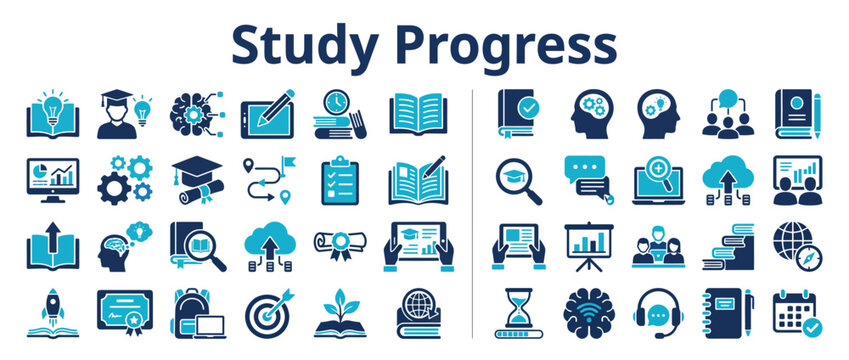Study progress tracking with educational icons and symbols. Academic achievement vector illustration set for students and teachers.