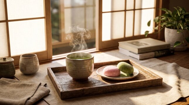 Mochi and Hot Green Tea in Cozy Setting