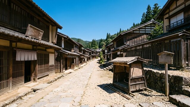 Traditional Japanese Post Town Street with Kago Palanquin in Summer