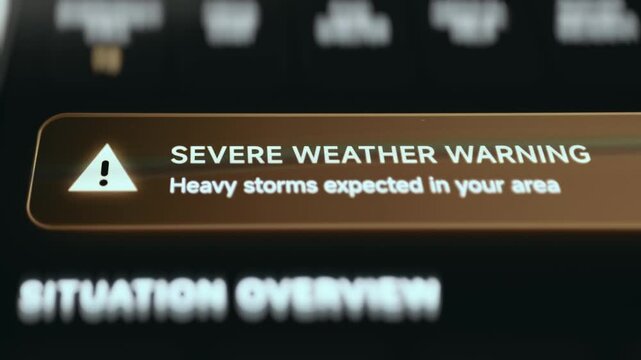 Severe weather warning banner about heavy storms in a government crisis center dashboard