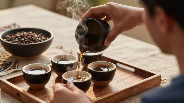 A hand pours steaming Ethiopian coffee from a clay jebena into small cups, capturing the cultural ritual and warmth of traditional coffee preparation.