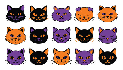 Colorful cat heads collection vector illustration with orange purple and black feline faces © sumanavact