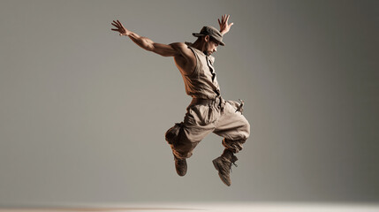Male contemporary dancer mid-air jump showing movement, energy and urban style in studio fashion pose