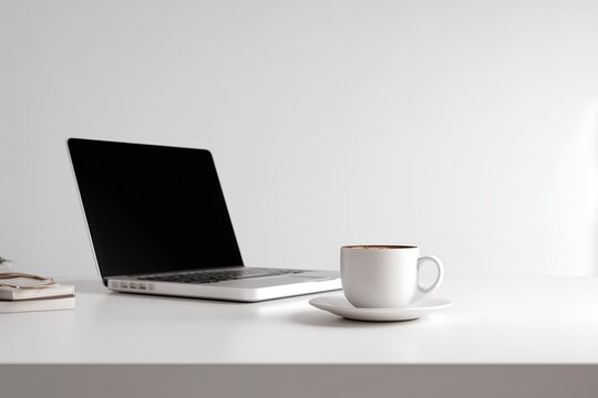 Minimalist Workspace with Laptop and Coffee Cup on White Desk, Modern Home Office, Clean Desk Setup,
