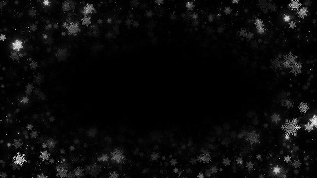 Black winter background white snowflake border, soft falling particles, dark empty center, festive holiday style. Christmas videos, winter greetings, invitation cards, seasonal titles, motion overlays