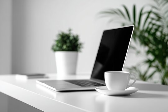 Minimalist Workspace with Laptop and Coffee Cup on White Desk, Modern Home Office, Clean Desk Setup,