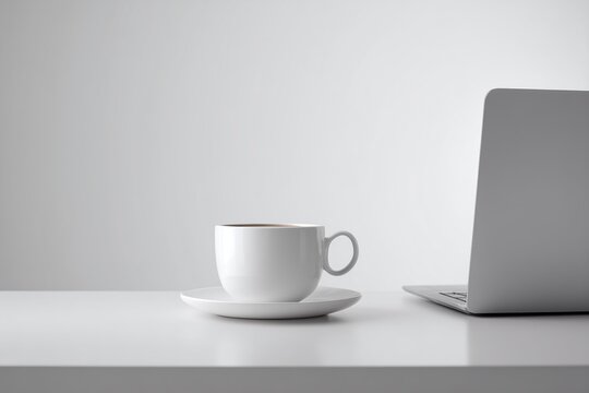 Minimalist Workspace with Laptop and Coffee Cup on White Desk, Modern Home Office, Clean Desk Setup,