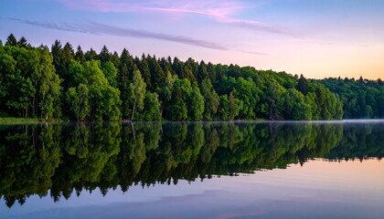 Obraz premium Serene Mountain Lake Landscape with Crystal Clear Water Reflection, Snowy Alps, Forest Trees and Cloudy Sky in Scenic Nature Wilderness Travel Destination