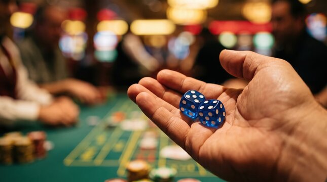 Blue dice held above casino table