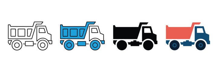 Fototapeta premium Dump truck icon set in four styles, construction vehicle vector illustrations, heavy machinery symbols for logistics and industrial design