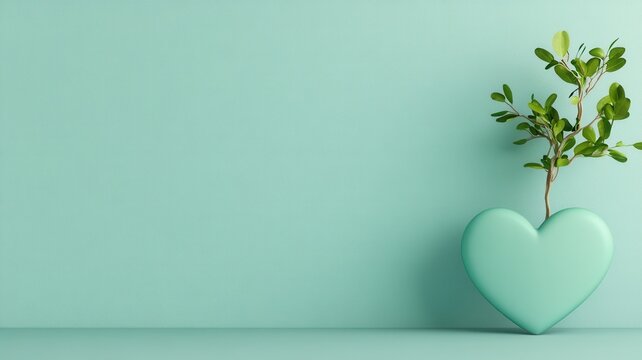 White heart shape with green leaves and small white flowers blooming symbolizing and growth love nature