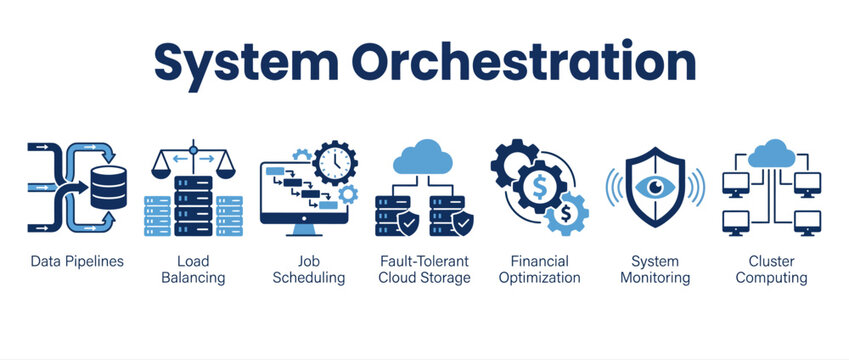 System orchestration icons set. Cloud computing infrastructure and data management symbols.