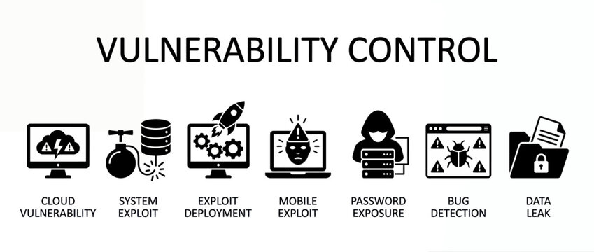 Cybersecurity vulnerability control concepts with digital threats on devices. IT risk management icons for exploit prevention and data protection s...