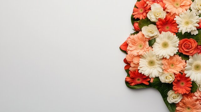 Woman silhouette profile with blooming pastel flowers as hair featuring natural spring renewal beauty