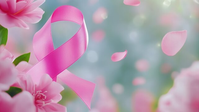 Pink ribbon dancing and rose petals falling creating a joyful background for wedding celebration romance