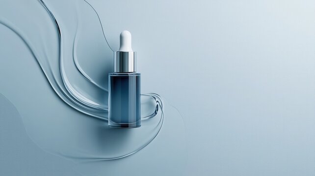 Blue cosmetic bottle product display with abstract wavy elements creating a fresh luxurious background elegant