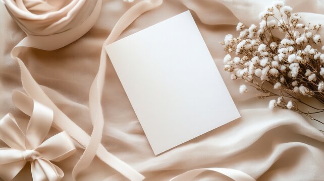 Blank white card surrounded by elegant gift boxes with pink ribbons and delicate baby's breath flowers on pink background a pastel