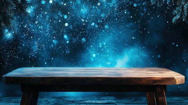 Woodland picnic table platform with sparkling stars and glowing bokeh lights creating night background a magical