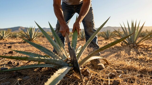 A farmer cuts the large, spiky leaves of an agave plant with a machete in a sunlit desert landscape.